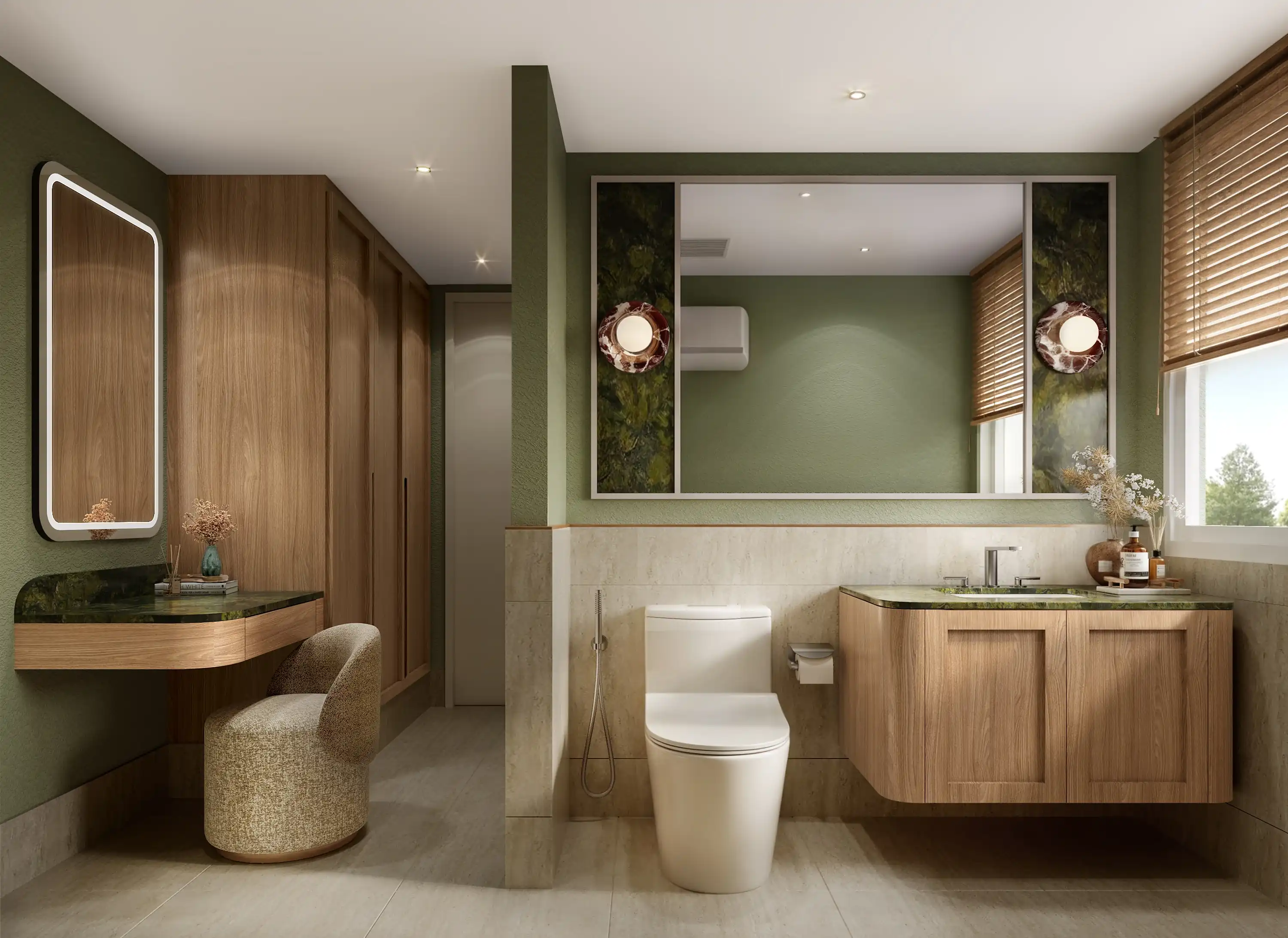 BATHROOM · SAGE GREEN, OAK CABINETRY & GREEN MARBLE VANITY